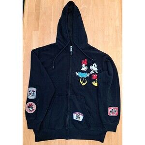 Disney Mickey & Minnie Womens Size L Soft Character Patch Full Zip Black Hoodie